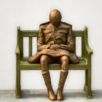 Create a realistic front view of a bronze statue of a soldier sitting hunched over on a bench. His face is looking at his chest. But there is a large hole in his chest that he can see through. With this sculpture you tell the viewer that the soul of this soldier is missing. 