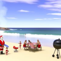 Australian Christmas scene, with a family bbq on the beach. In the background, Santa is surfing