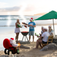 An Australian family having a Christmas bbq on the beach. Highlight Santa Claus surfing in the background