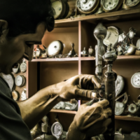 , the shop is cluttered with clocks of all shapes and sizes, their ticking sounds filling the air. The old clockmaker, a man with silver hair and glasses, sits at a workbench, carefully crafting a small golden pocket watch with intricate carvings.